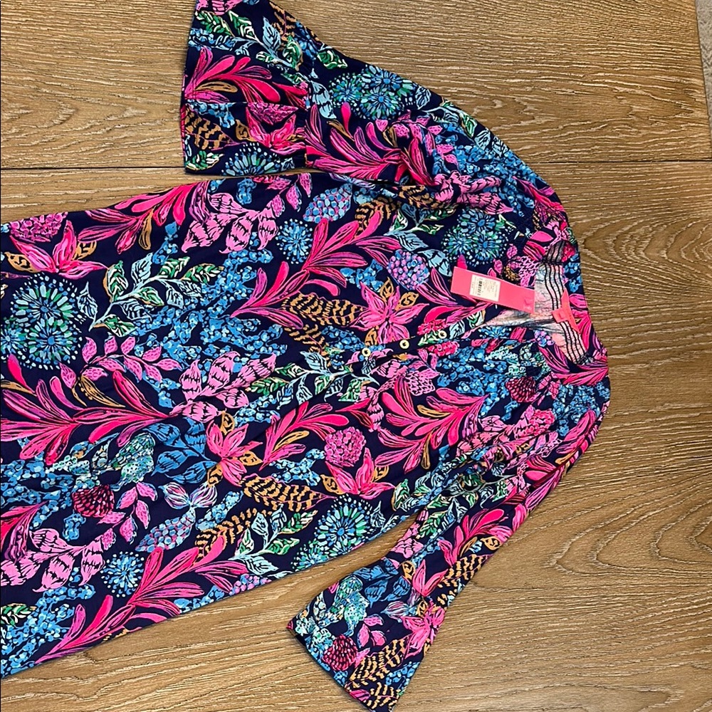 Vibrant Floral Dress with Pink and Blue Accents
